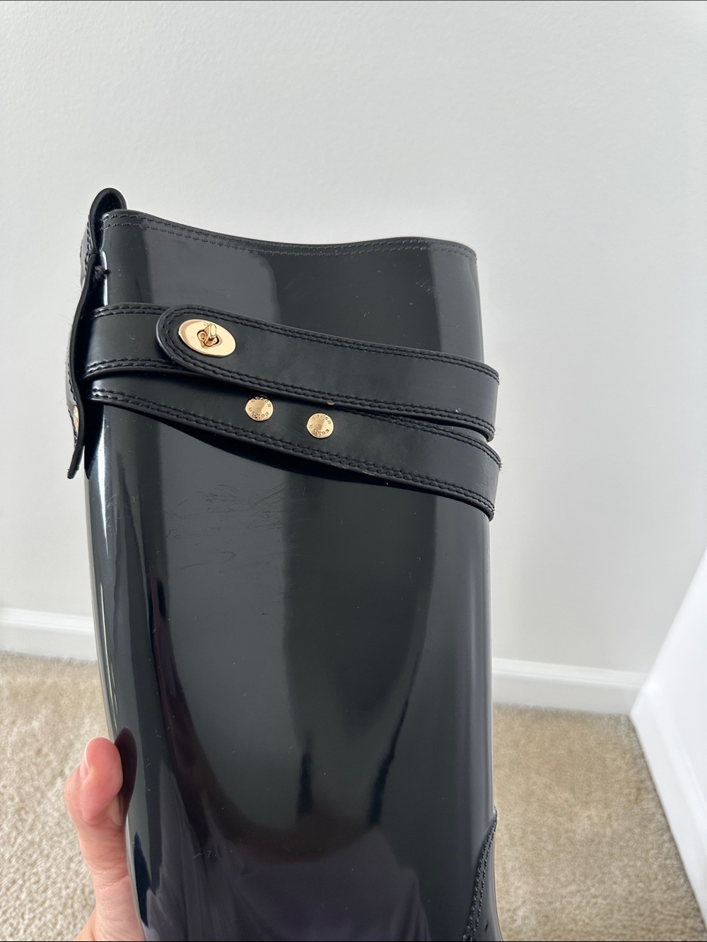 Coach Patent Black Knee-High Rain Boots with Gold Accent - Picture 11 of 14
